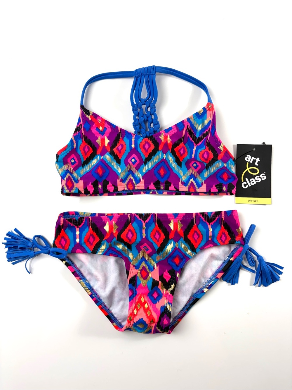 Art Class Pink/Blue Multicolor Ikat 2-pc. Girls Sporty Boho Swimsuit, Sz S/6